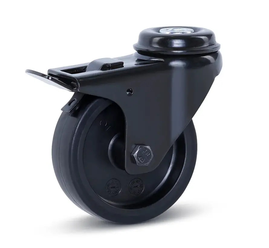 Furniture swivel castor black braked with central hole - 75mm - 60kg
