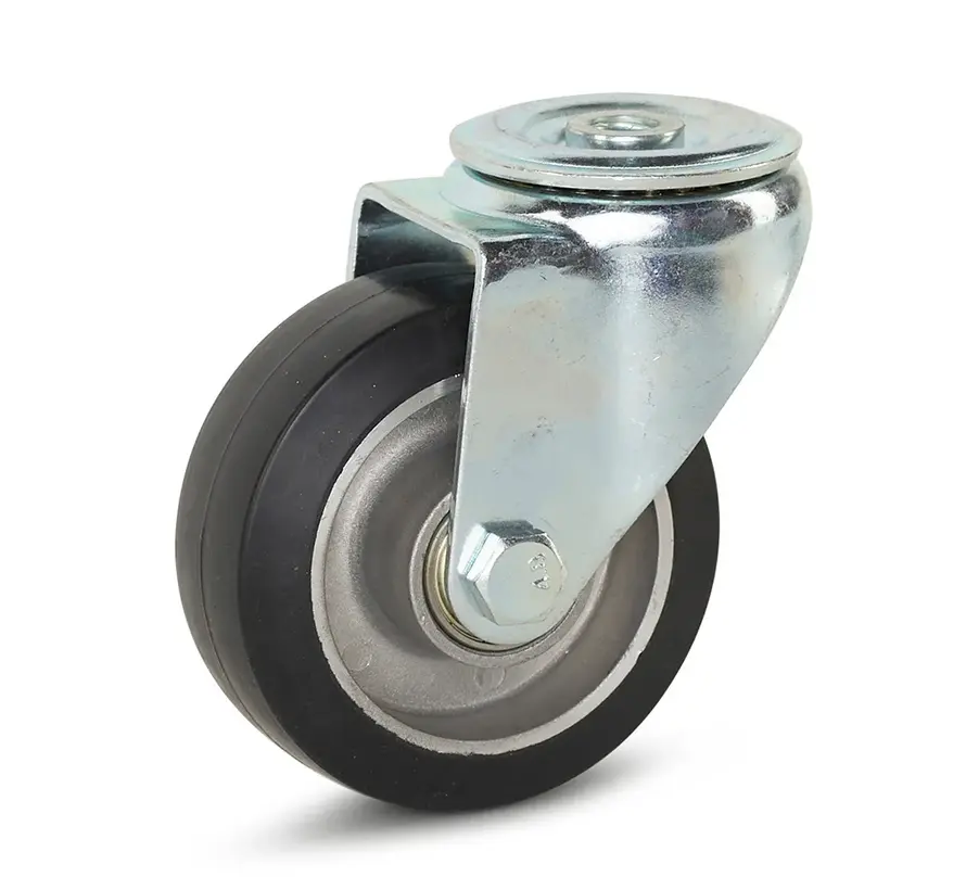 Black elastic rubber swivel castor with central hole - 100mm - 220kg