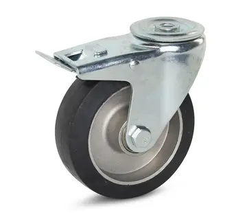 MESO Black elastic rubber swivel castor braked with central hole - 125mm - 300kg