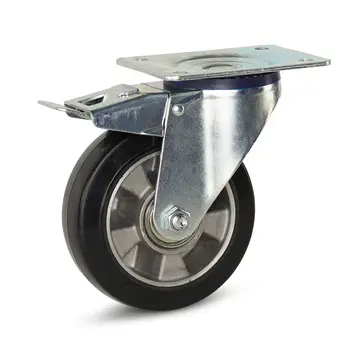 MESO Black elastic rubber swivel castor braked with top plate - 150mm - 330kg