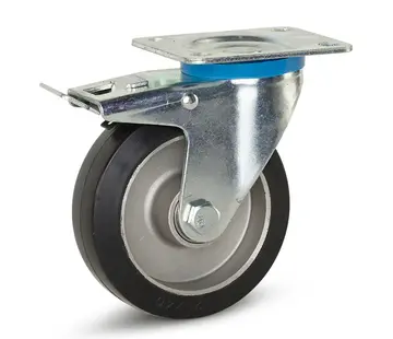 MESO Black elastic rubber swivel castor braked with top plate - 125mm - 300kg