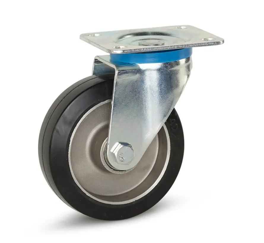 Black elastic rubber swivel castor with top plate - 125mm - 300kg