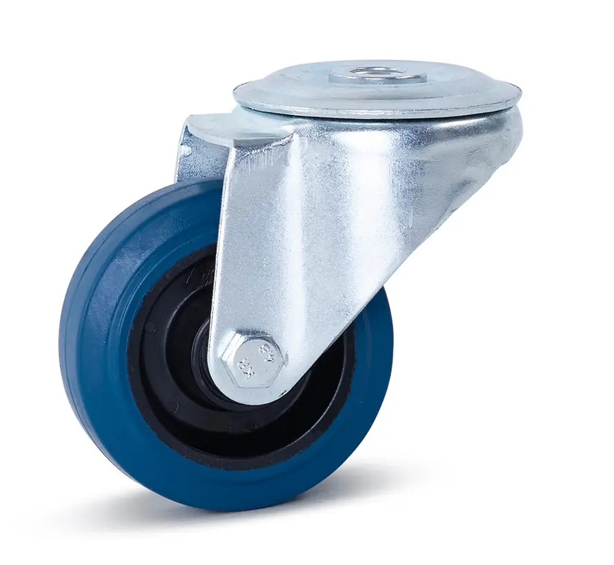 Blue elastic rubber swivel castor with central hole - 80mm - 100kg