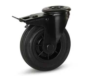MESO Black rubber swivel castor braked with central hole - 125mm - 90kg
