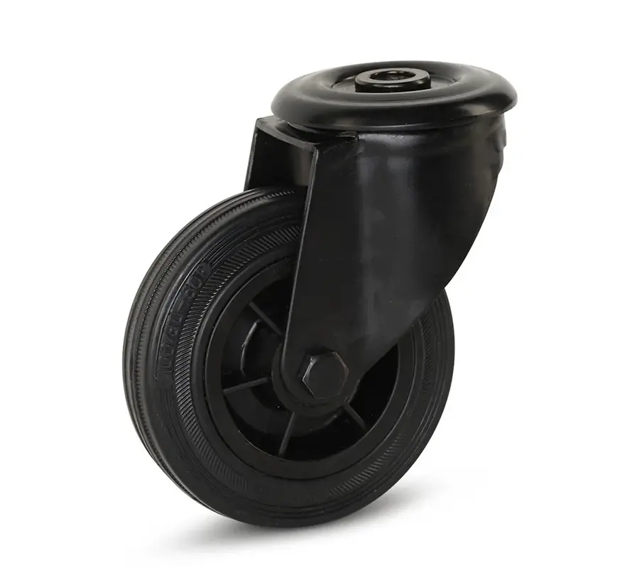 Black rubber swivel castor with central hole - 100mm - 100kg