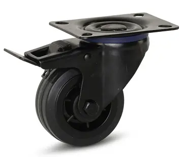 MESO Black rubber swivel castor braked with top plate - 80mm - 60kg