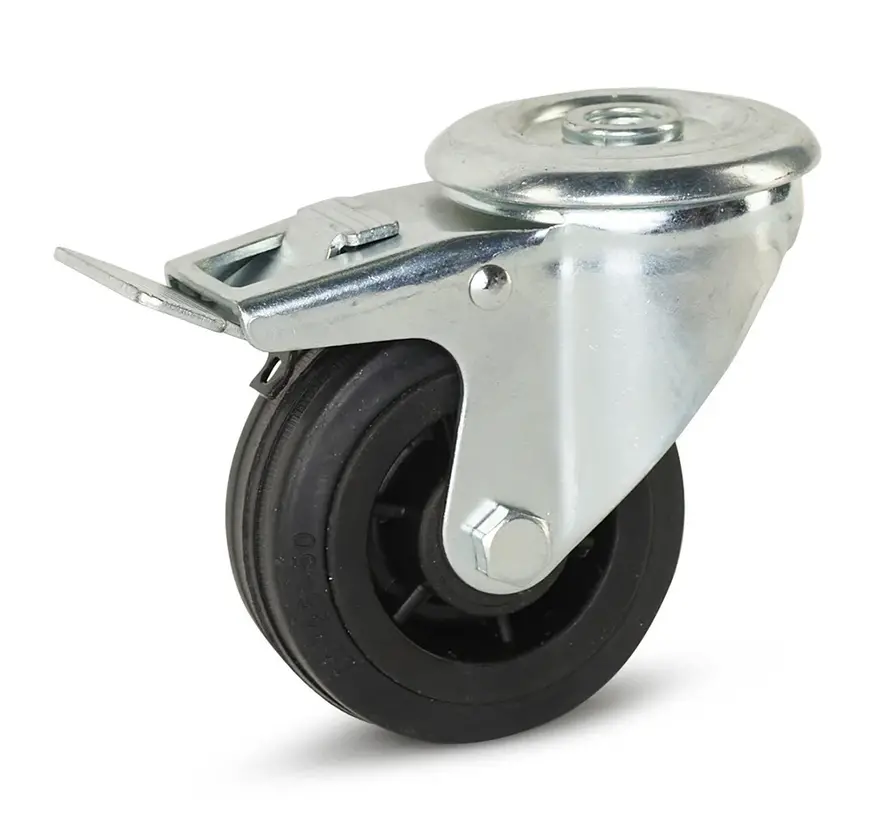 Rubber swivel castor braked with central hole - 80mm - 60kg