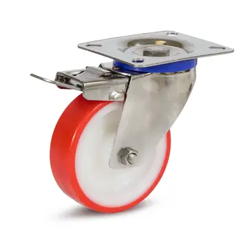 PU stainless steel swivel castor braked with top plate - 100mm - 120kg - A