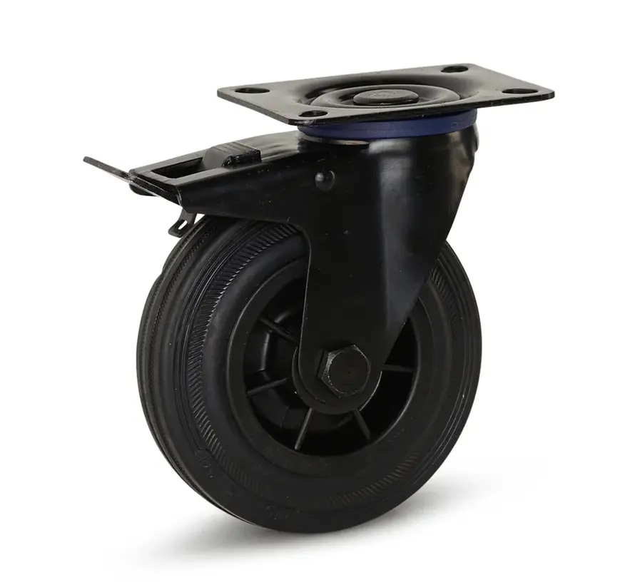 Black rubber swivel castor braked with top plate - 125mm - 150kg