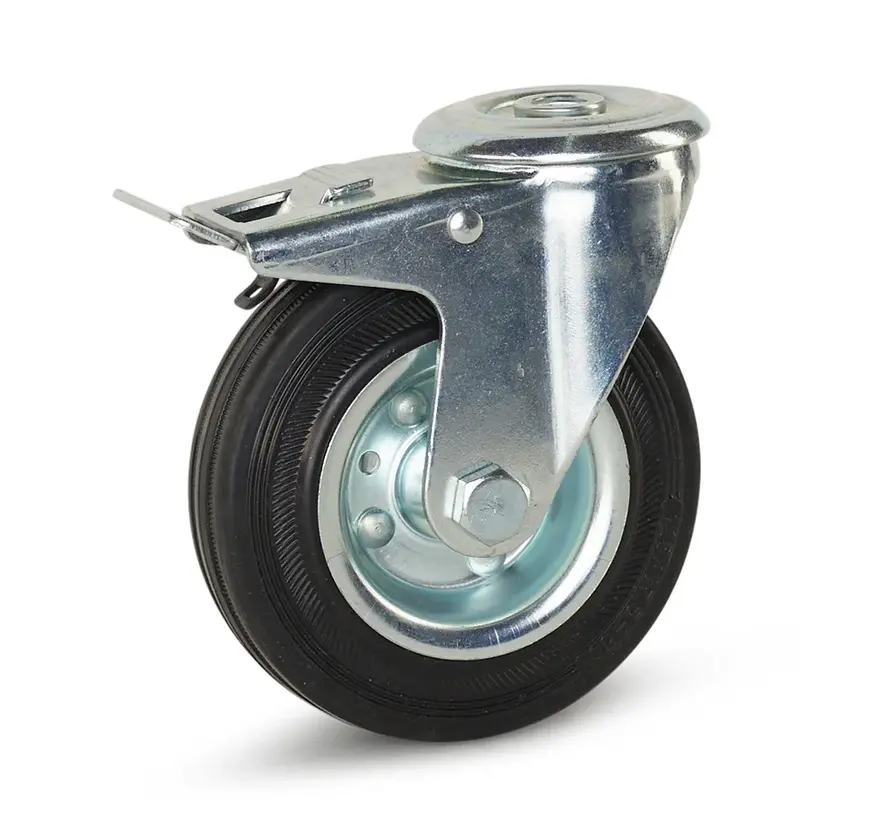 Odourless rubber swivel castor braked with central hole - 125mm - 150kg