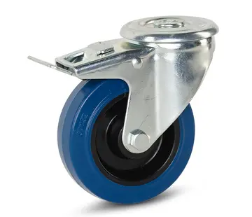 MESO Blue elastic rubber swivel castor braked with central hole - 100mm - 130kg