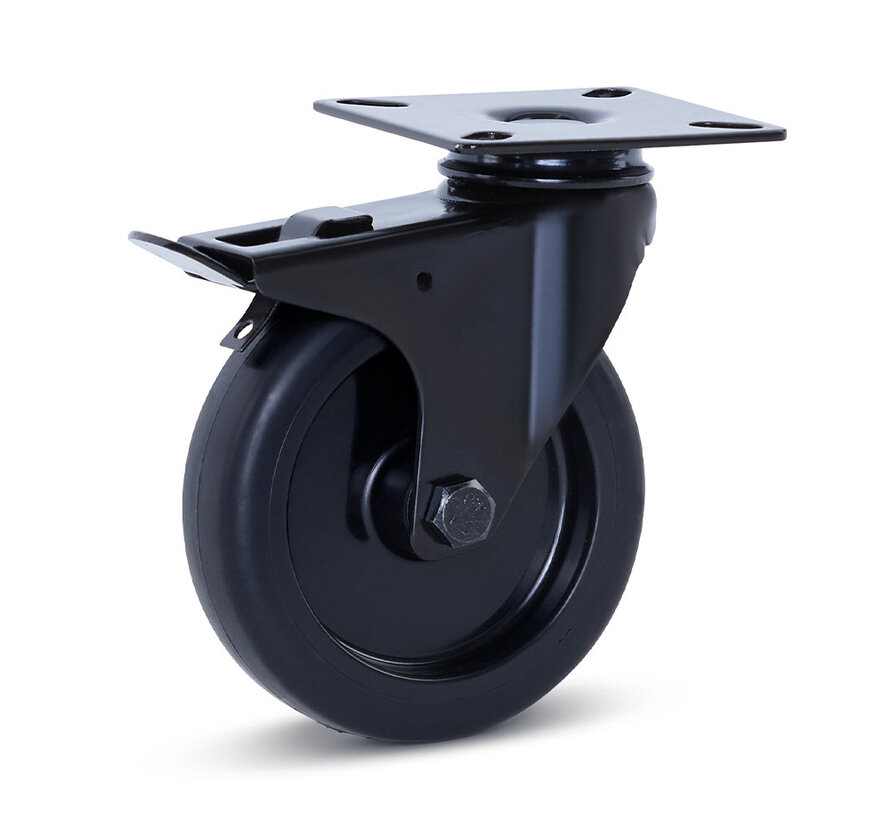Furniture swivel castor black braked with top plate - 100mm - 90kg