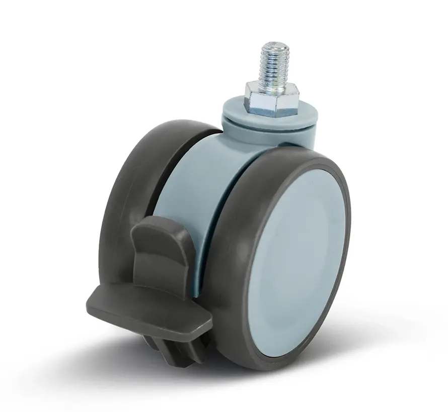 Grey double furniture swivel castor braked with thread - 75mm - 80kg