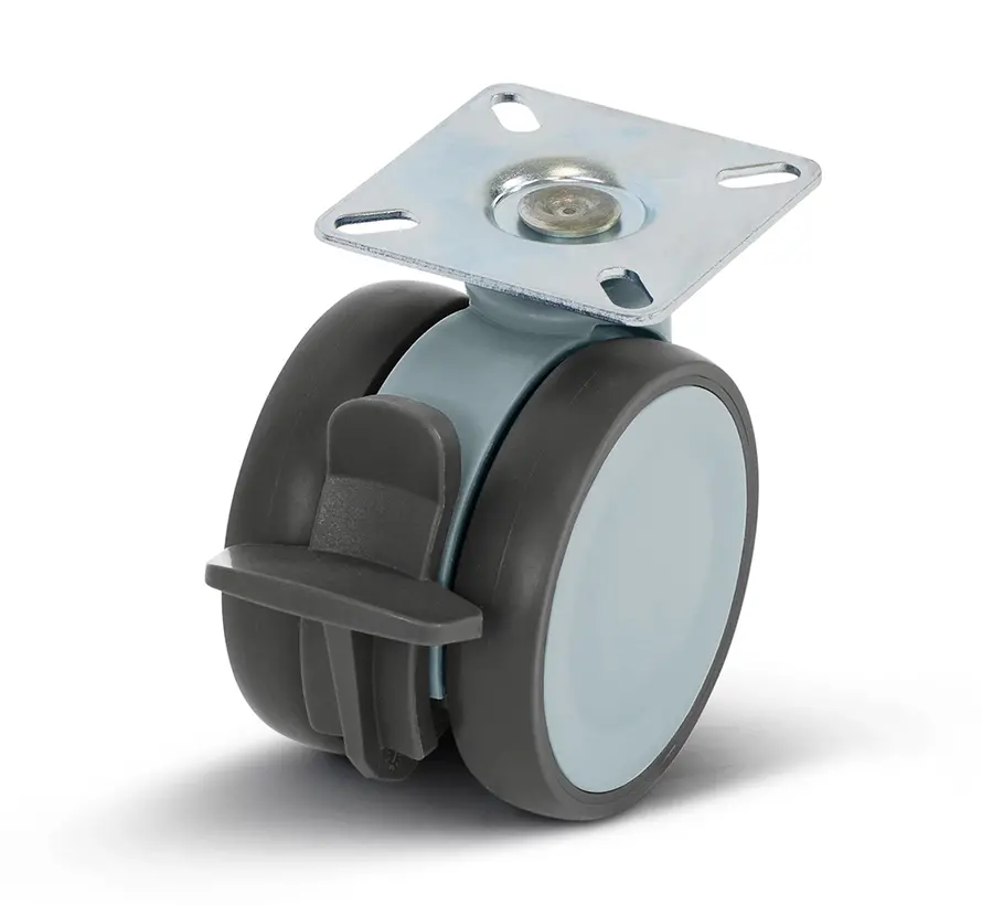 Grey double furniture swivel castor braked with top plate - 75mm - 80kg