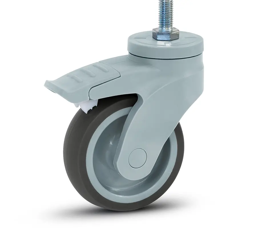 Grey plastic swivel castor braked with thread - 100mm - 100kg