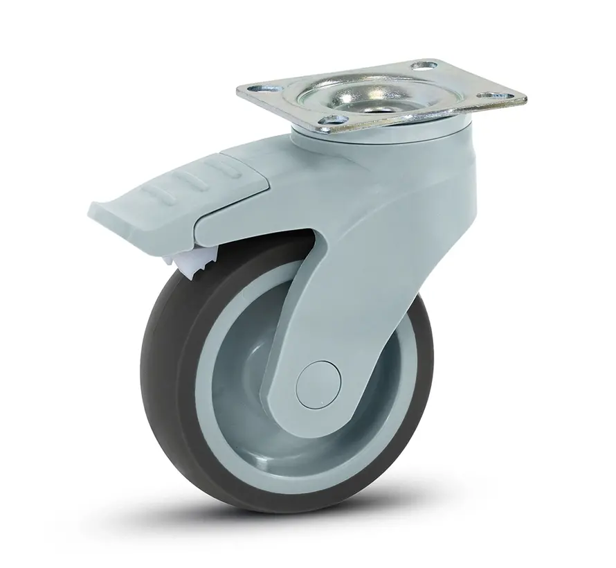 Grey plastic swivel castor braked with top plate - 100mm - 100kg