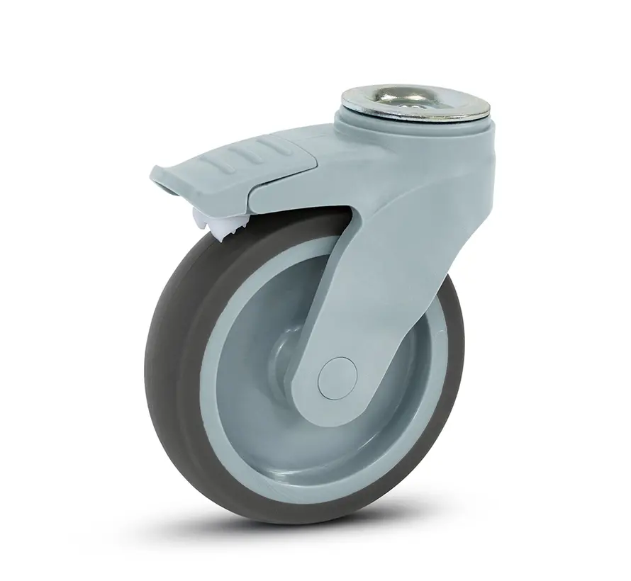 Grey plastic swivel castor braked with bolt hole - 125mm - 100kg