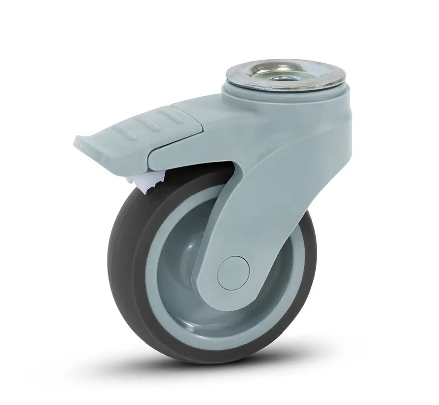 Grey plastic swivel castor braked with bolt hole - 100mm - 100kg
