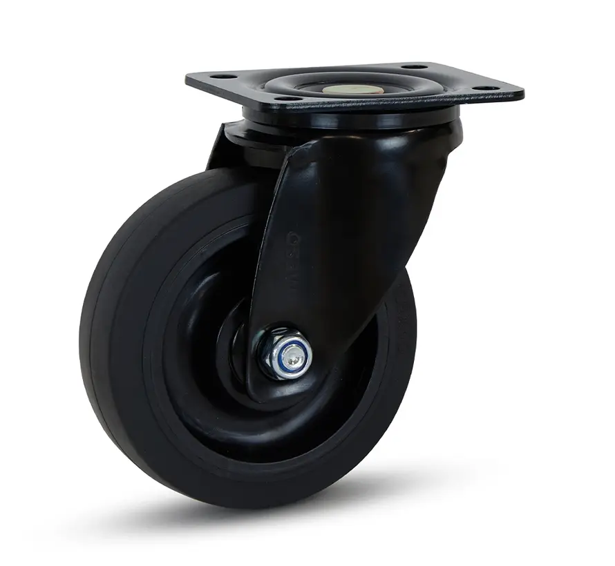 Black rubber swivel castor with top plate - 125mm - 250kg