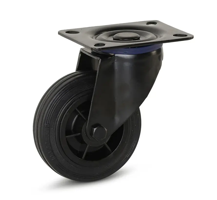 Black rubber caster with top plate - 100mm - 75kg - Phase out