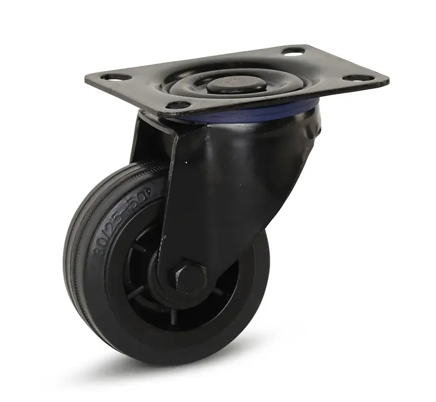 Black rubber swivel castor with top plate – 80 mm – 60 kg – Phase out