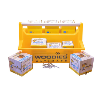 Woodies Woodies - Tragekoffer gelb mit Aluminiumgriff - Outdoor Shield Schrauben + Magnethalter (1.400 Stück)