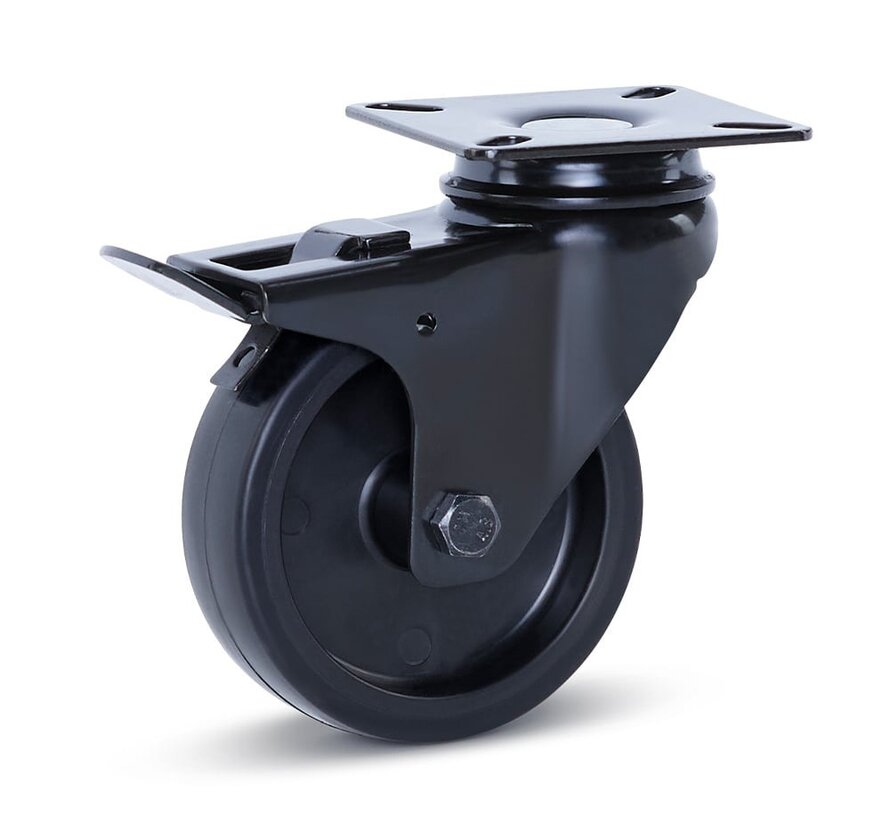 Möbel-Lenkrolle schwarz gebremst mit Kopfplatte - 75mm - 60kg
