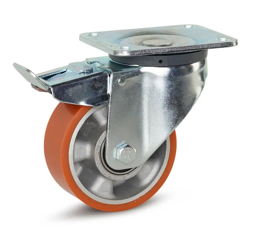PU-Schwerlast-Lenkrolle gebremst mit Kopfplatte - 125mm - 500kg