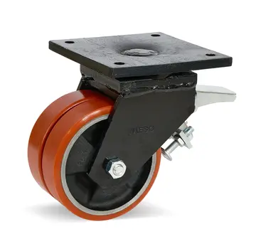 MESO Doppelte PU-Lenkrolle extra schwer gebremst mit Deckplatte - 150mm - 1250kg