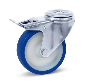 MESO Blaue PU-Edelstahl-Lenkrolle gebremst mit Mittelloch - 100mm - 180kg