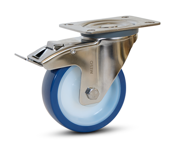 MESO Blaue PU-Edelstahl-Lenkrolle gebremst mit Kopfplatte - 100mm - 180kg