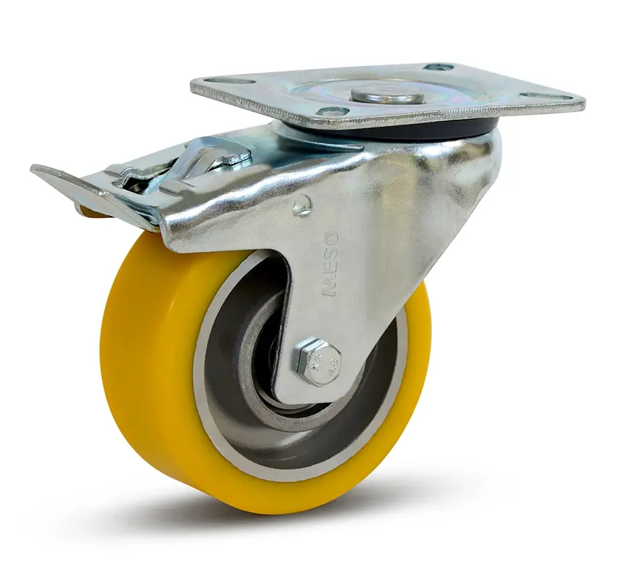 PU-Schwerlast-Lenkrolle gebremst mit Kopfplatte - 100mm - 350kg