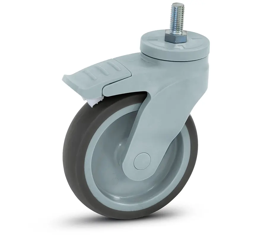 Graue Kunststoff-Lenkrolle gebremst mit Gewinde - 125mm - 100kg
