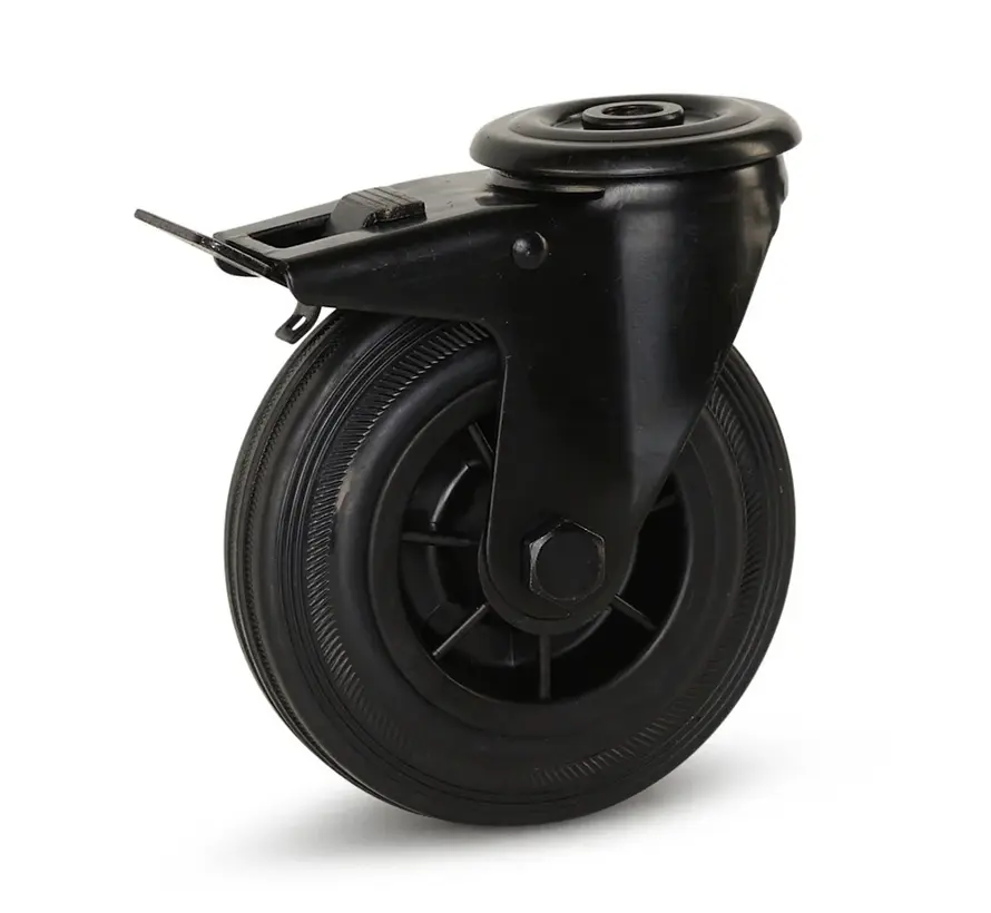 Schwarze Gummi-Lenkrolle gebremst mit zentralem Loch - 125mm - 120kg - Phase out