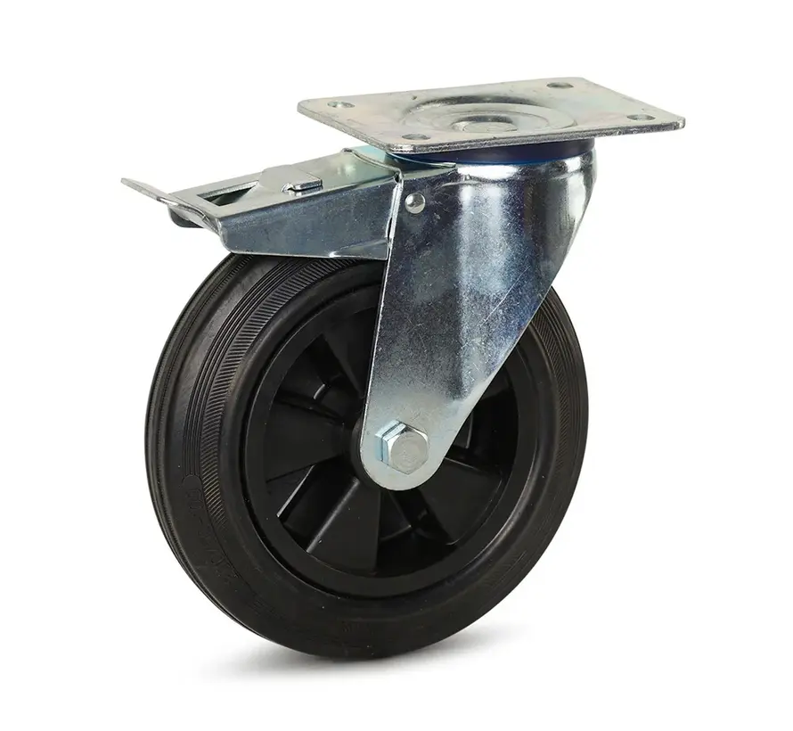 Gummilenkrolle, gebremst, mit Aufsatzplatte – 200 mm – 200 kg  – Auslaufmodell