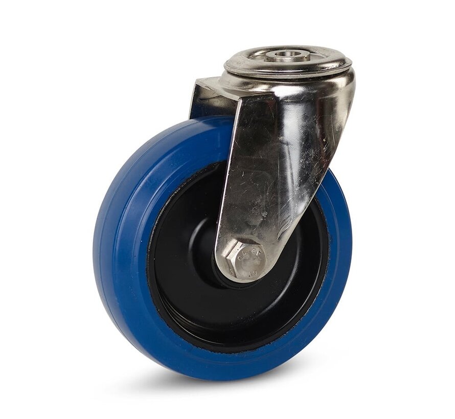 Roulette pivotante à trou central chape en Inox roue caoutchouc élastique bleu 125 mm 120 kg