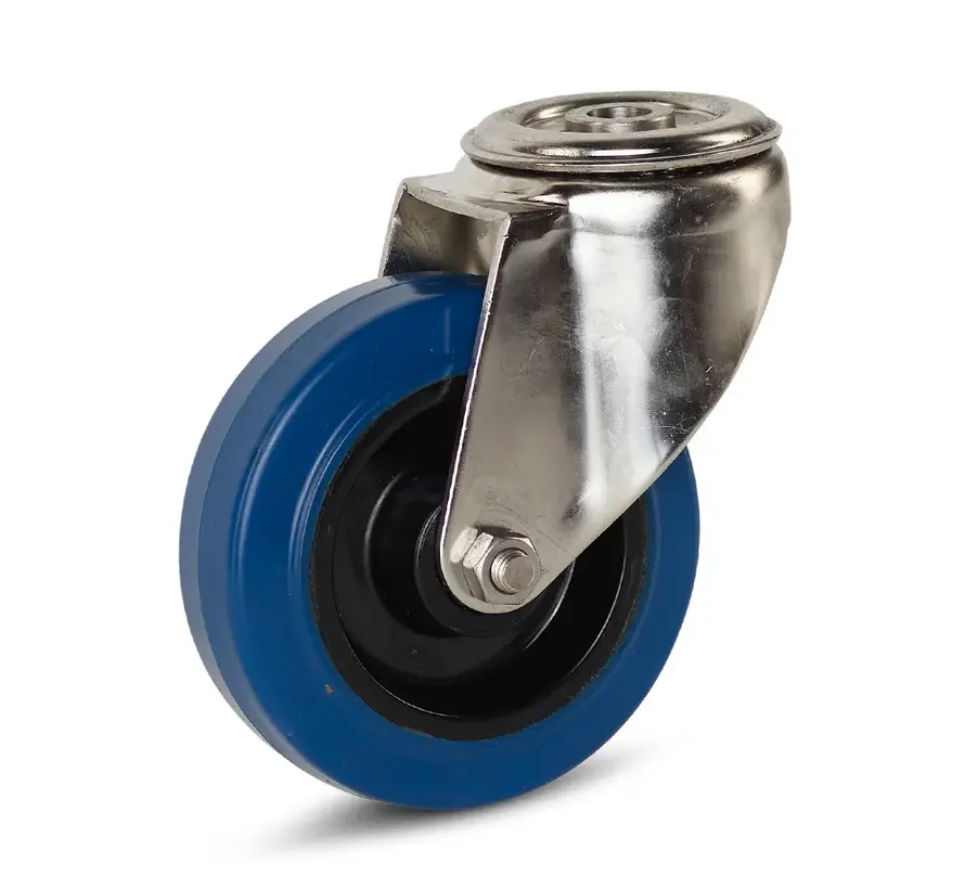 Roulette pivotante à oeil chape en inox roue caoutchouc élastique bleu 100 mm 100 kg RRB5-100
