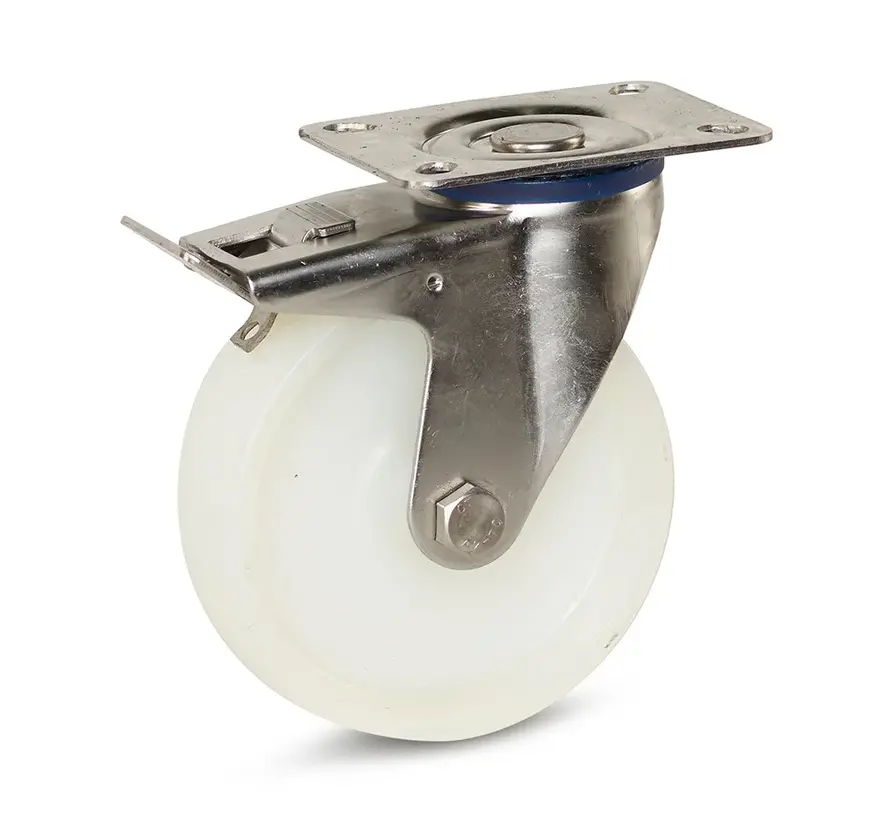 Roulette pivotante à platine avec frein chape en inox roue polyamide blanc 125 mm 220 kg  - RNY4-125G