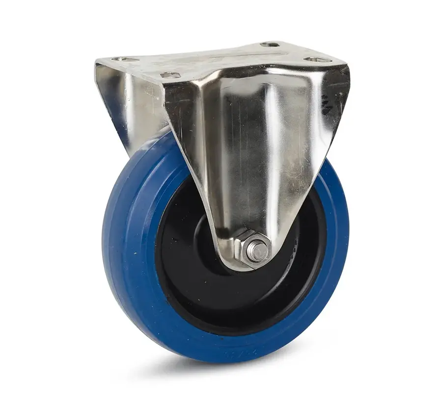 Roulette fixe chape en Inox roue caoutchouc élastique bleu 125 mm 120 kg