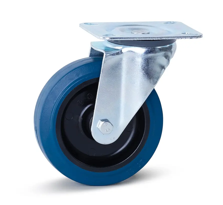 Roulette pivotante en caoutchouc élastique bleu avec plateau supérieur - 125mm - 180kg