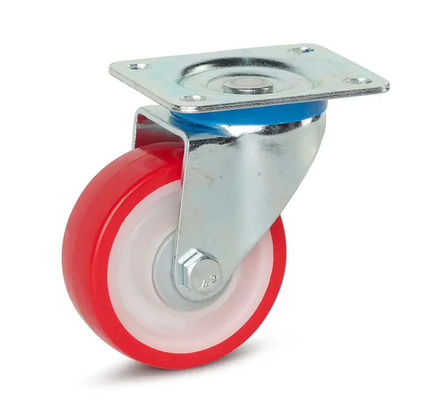 Roulette pivotante  à platine polyuréthane 100mm rouge blanc - PUP3-100