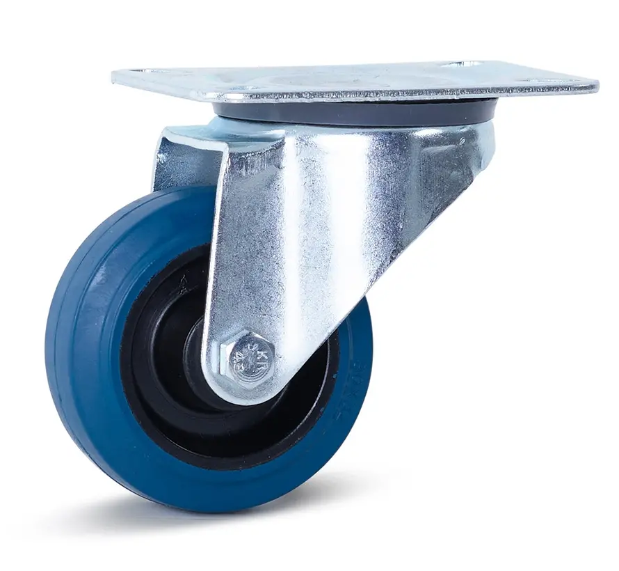Roulette pivotante en caoutchouc élastique bleu avec plateau supérieur - 80mm - 100kg