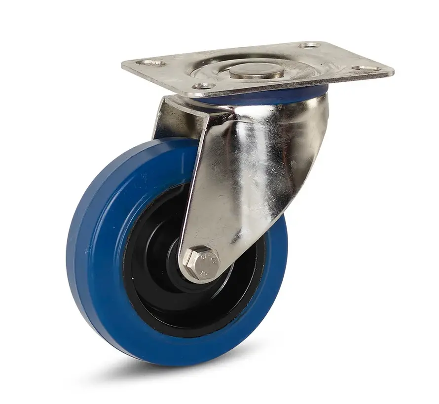 Roulette pivotante à platine chape en inox roue caoutchouc élastique bleu 100 mm 100 kg RRB4-100