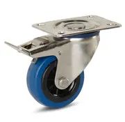 MESO Roulette pivotante à platine et frein chape en Inox roue caoutchouc élastique bleu 80 mm 80 kg