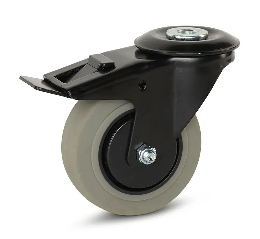 Roulette pivotante à oeil et frein avec chape noire roue en caoutchouc gris 100 mm 150 kg - GR6-100
