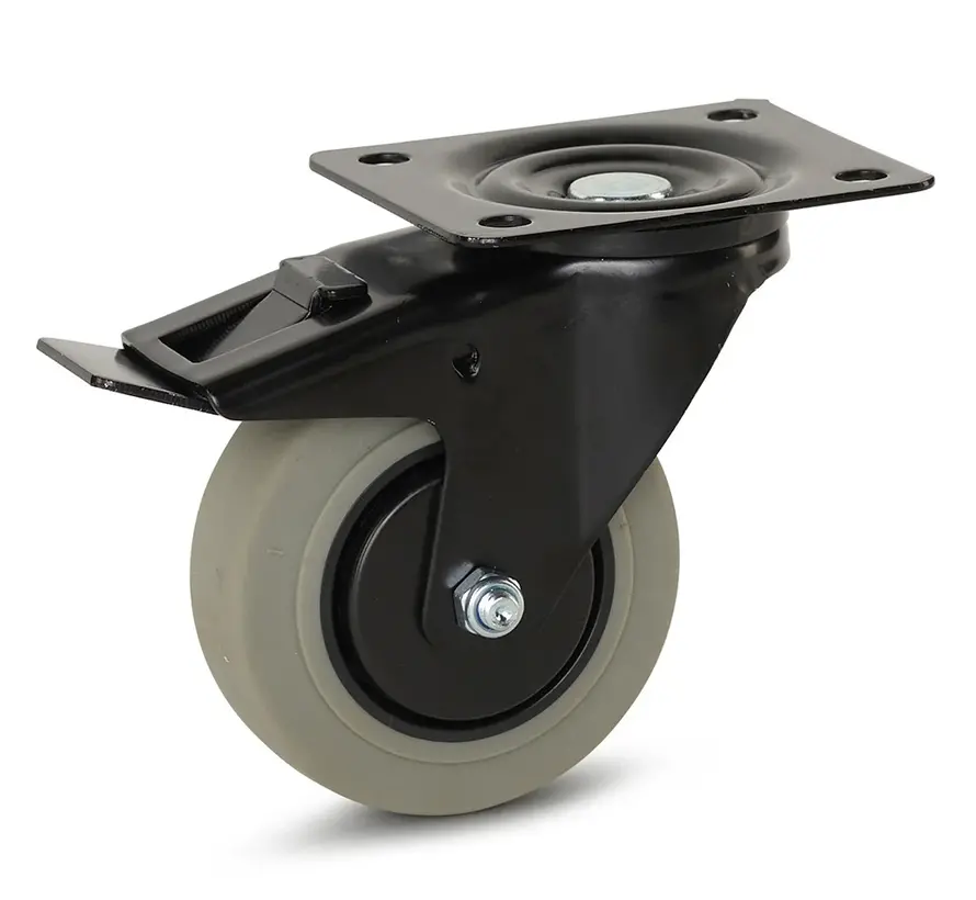 Roulette pivotante chape noire à platine et frein roue en caoutchouc gris 100mm 150kg- GR4-100Z