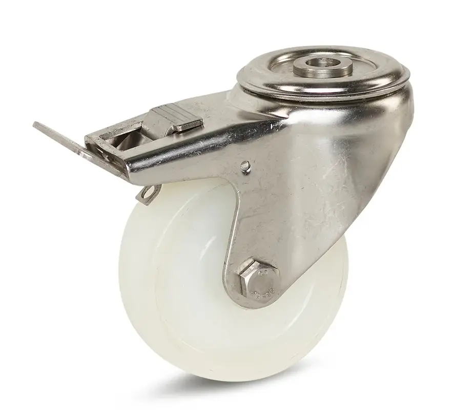 Roulette pivotante à trou central et frein avec chape en Inox bandage en polyamide 80 mm - 140 kg - RNY6-80G