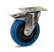 MESO Roulette pivotante à platine et frein chape en Inox roue caoutchouc élastique bleu 125 mm 120 kg