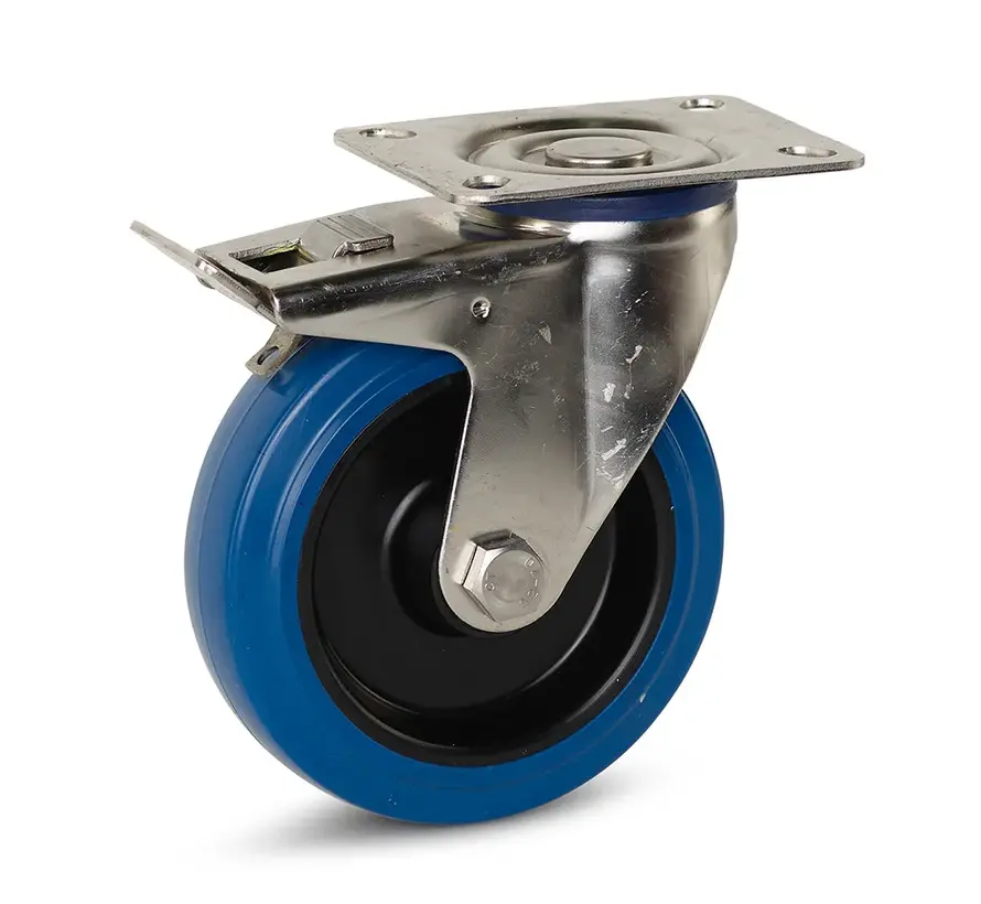 Roulette pivotante à platine et frein avec chape en Inox et roue en caoutchouc élastique bleu 125 mm 120 kg