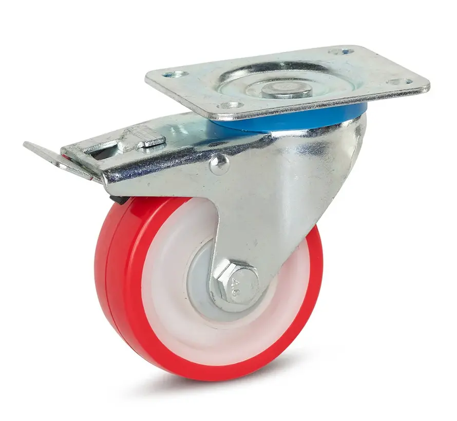 Roulette pivotante avec frein polyuréthane 100 mm rouge à blocage total avec platine - PUP4-100